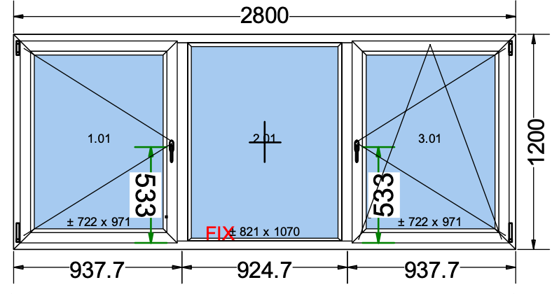 Finestra ad anta/ribalta 2 ante + 1 fissa nera esterna bianca interna - 2800x1200 mm