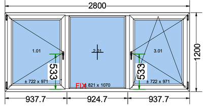 Finestra ad anta/ribalta 2 ante + 1 fissa nera esterna bianca interna - 2800x1200 mm