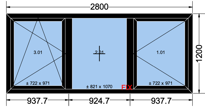 Finestra ad anta/ribalta 2 ante + 1 fissa nera - 2800x1200 mm