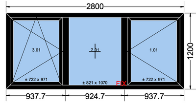 Finestra ad anta/ribalta 2 ante + 1 fissa nera - 2800x1200 mm