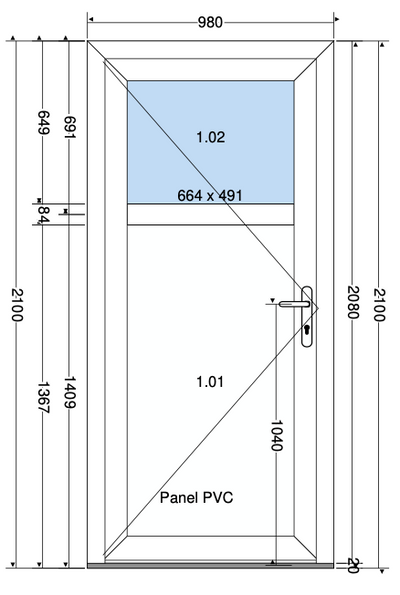 Deur 2/3 paneel wit - 980x2100 mm