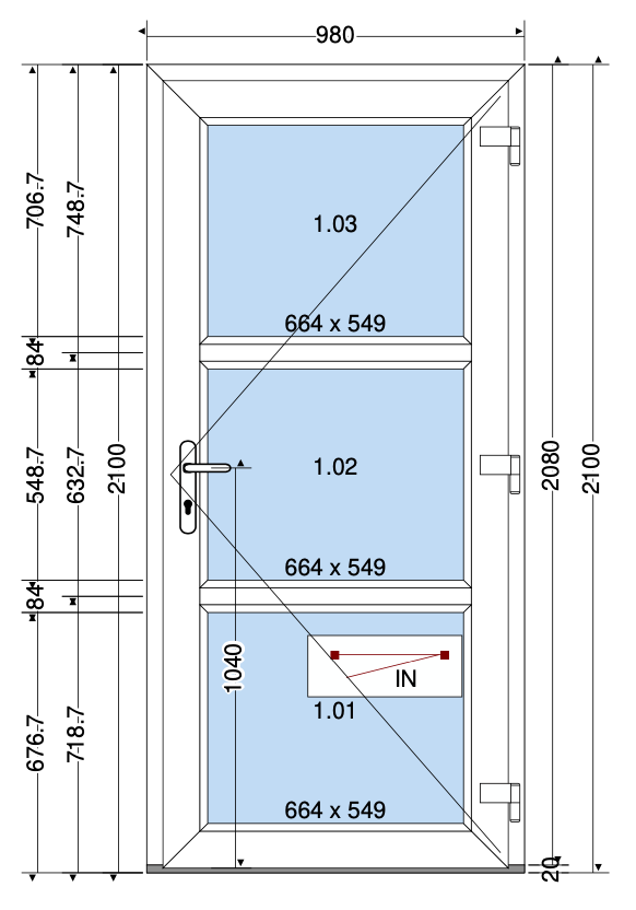 Deur 3 glas vakken wit - 980x2100