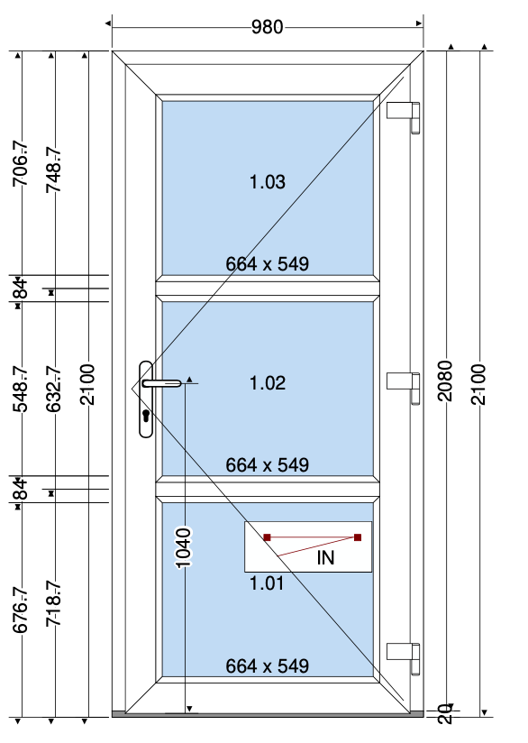 DEUR 3 GLASVAKKEN ANTRACIET - 980X2100 MM