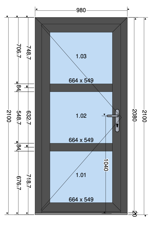 DEUR 3 GLASVAKKEN ANTRACIET - 980X2100 MM