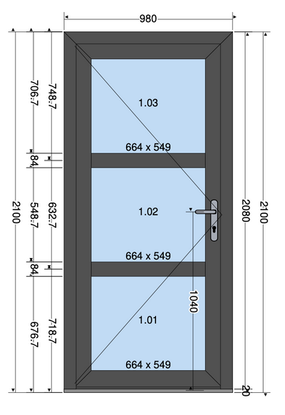 DEUR 3 GLASVAKKEN ANTRACIET - 980X2100 MM