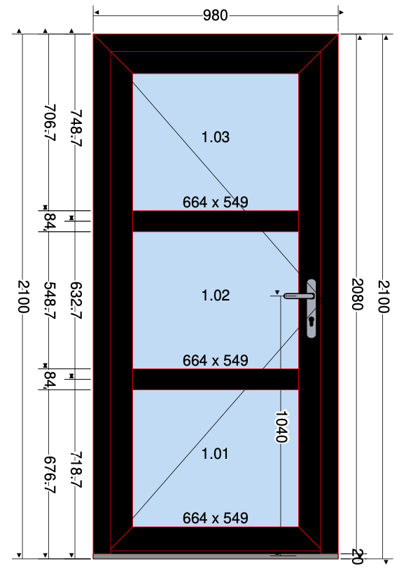 DEUR 3 GLAS VAKKEN ZWART - 980X2100 MM