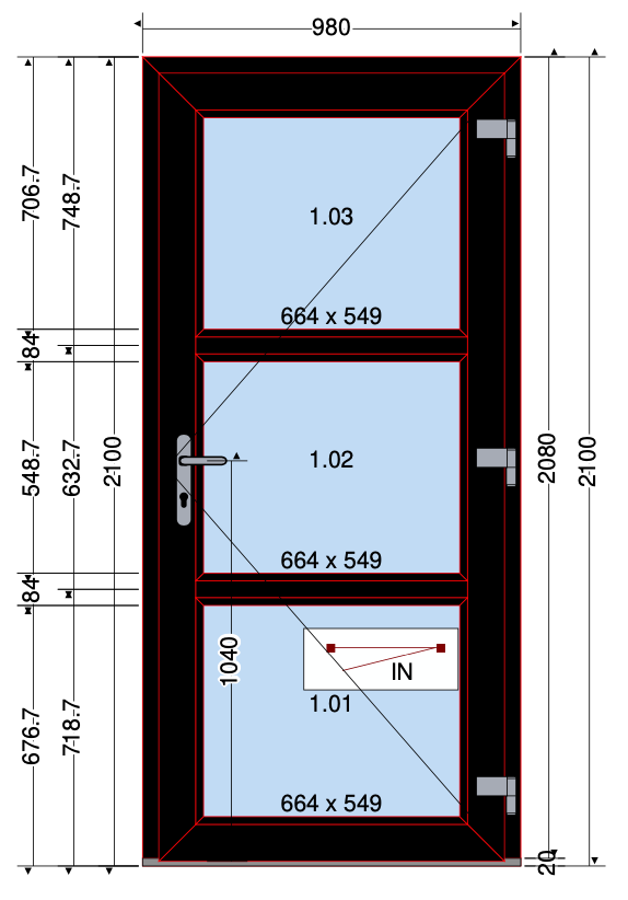 DEUR 3 GLAS VAKKEN ZWART - 980X2100 MM