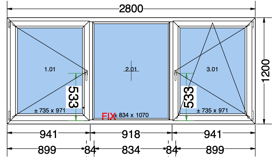 Finestra ad anta/ribalta a 2 ante + 1 fissa bianca - 2800x1200 mm