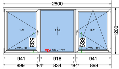 Finestra ad anta/ribalta a 2 ante + 1 fissa bianca - 2800x1200 mm