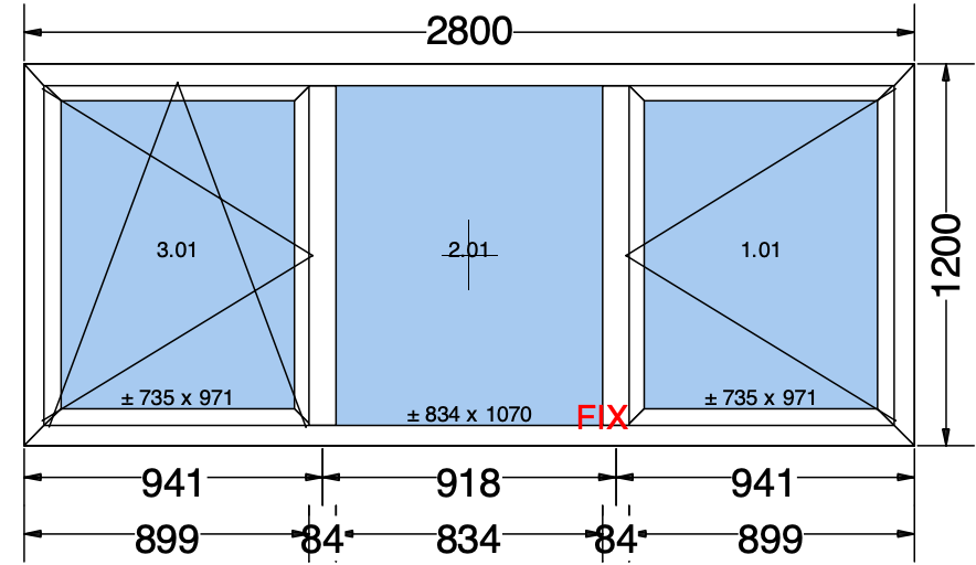 Finestra ad anta/ribalta a 2 ante + 1 fissa bianca - 2800x1200 mm