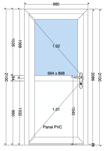 Deur 1/2 paneel wit - 980x2100 mm