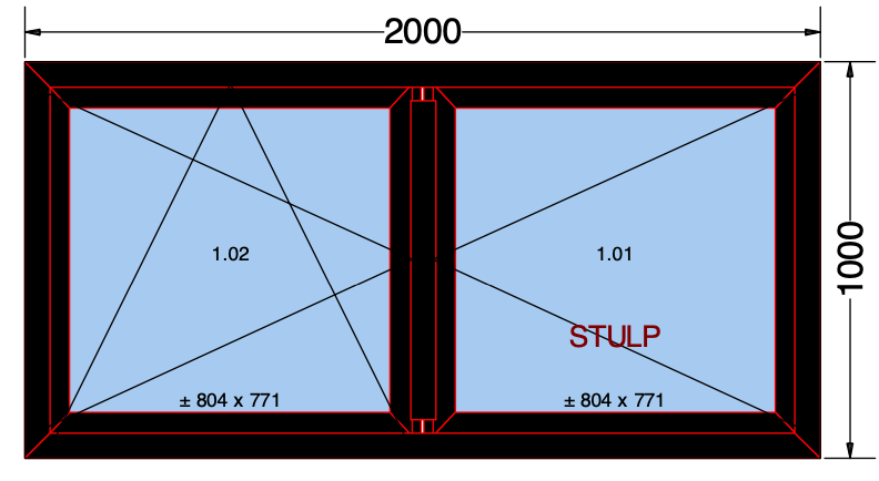 Draai/kiepraam met 2 vleugels zwart 2000x1000 mm